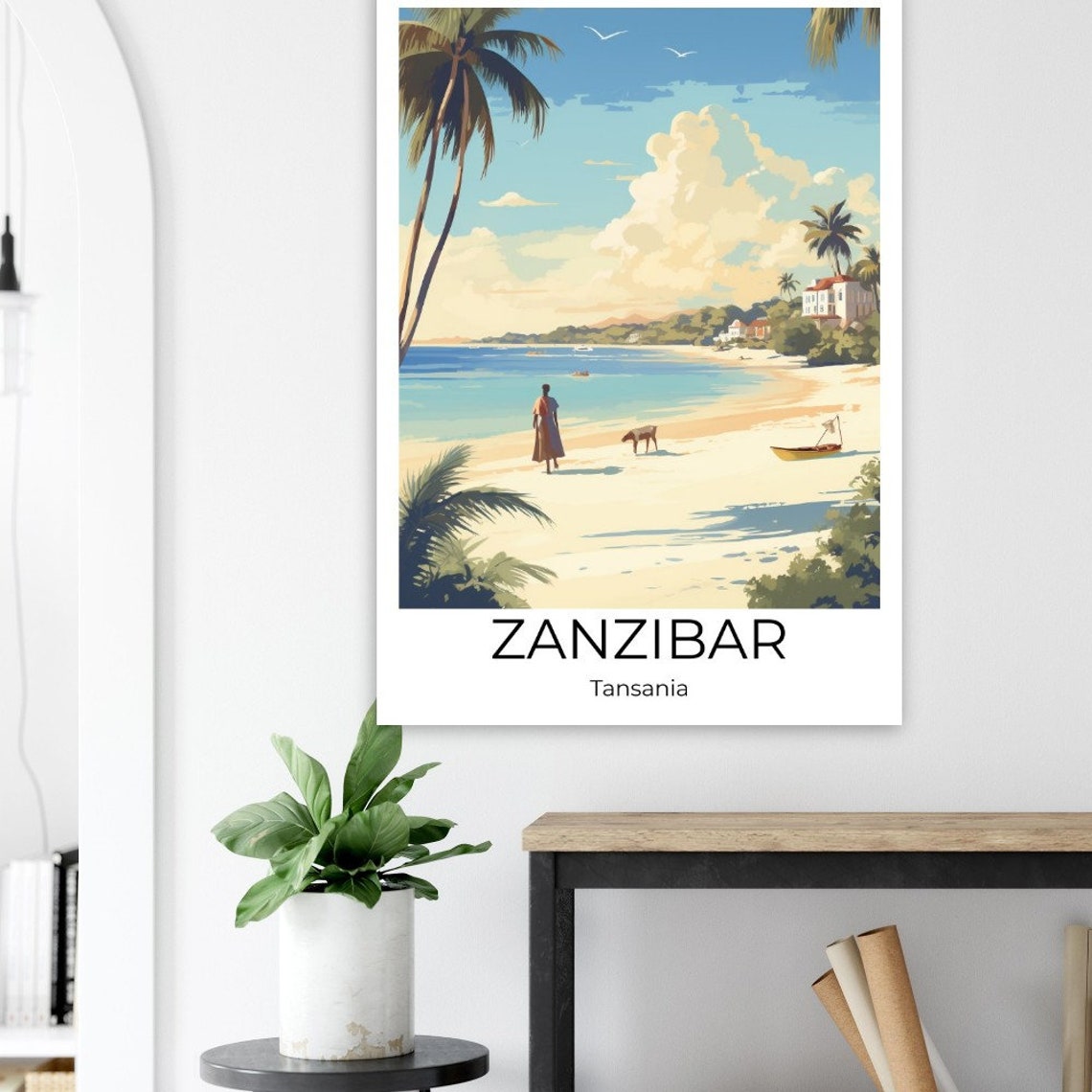 Zanzibar Beach Palm Trees Horse and Fisherman Boat Illustration Poster - Image 3