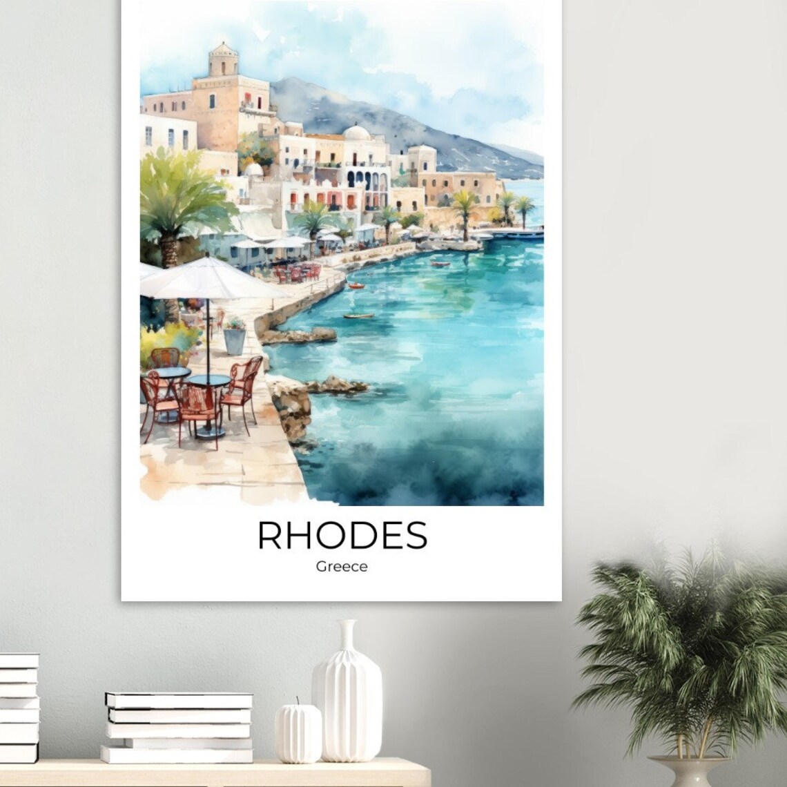 Rhodes Greece Harbor Town Waterfront Cafe Umbrella Travel Poster - Image 3
