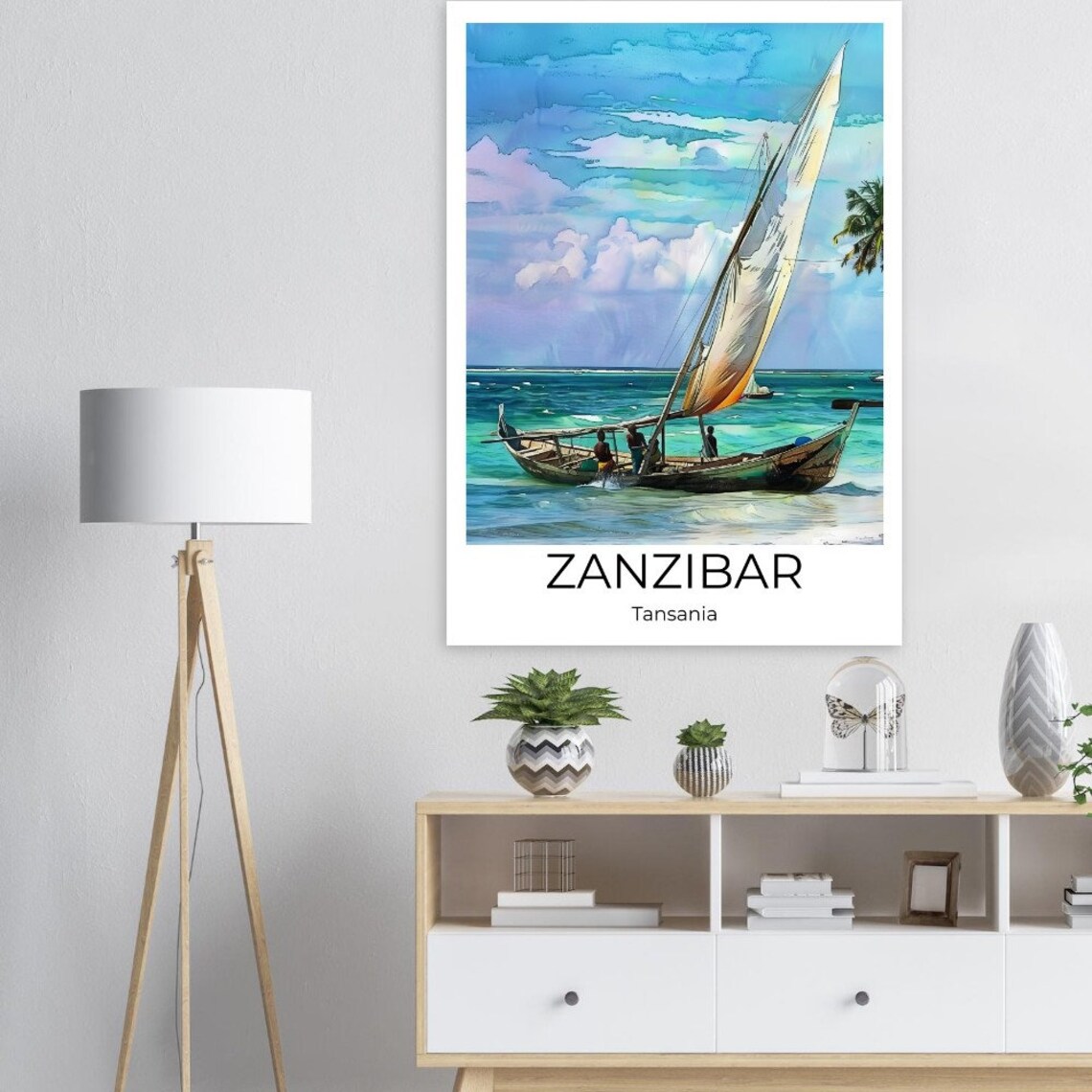 Zanzibar Dhow Sailboat Turquoise Sea Watercolor Sailing Travel Poster - Image 2