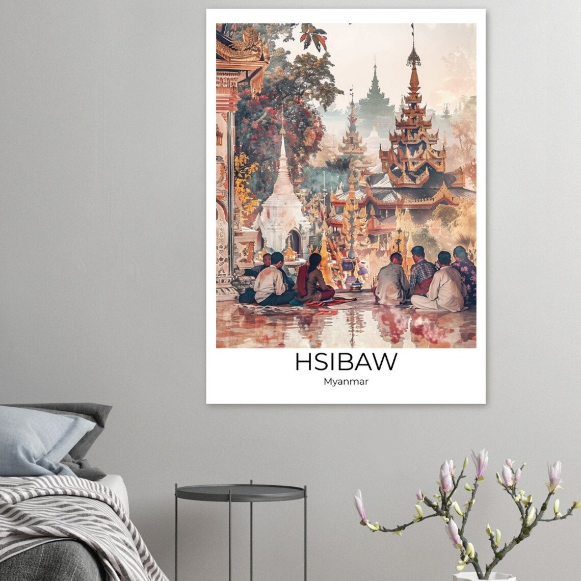 Hsibaw Myanmar Golden Pagodas Watercolor Worshippers Scene Poster - Image 2