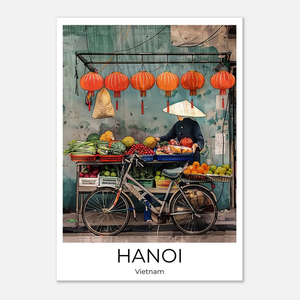 Hanoi Vietnam Red Lanterns Fruit Cart Bicycle Painterly Travel Poster - Image 4
