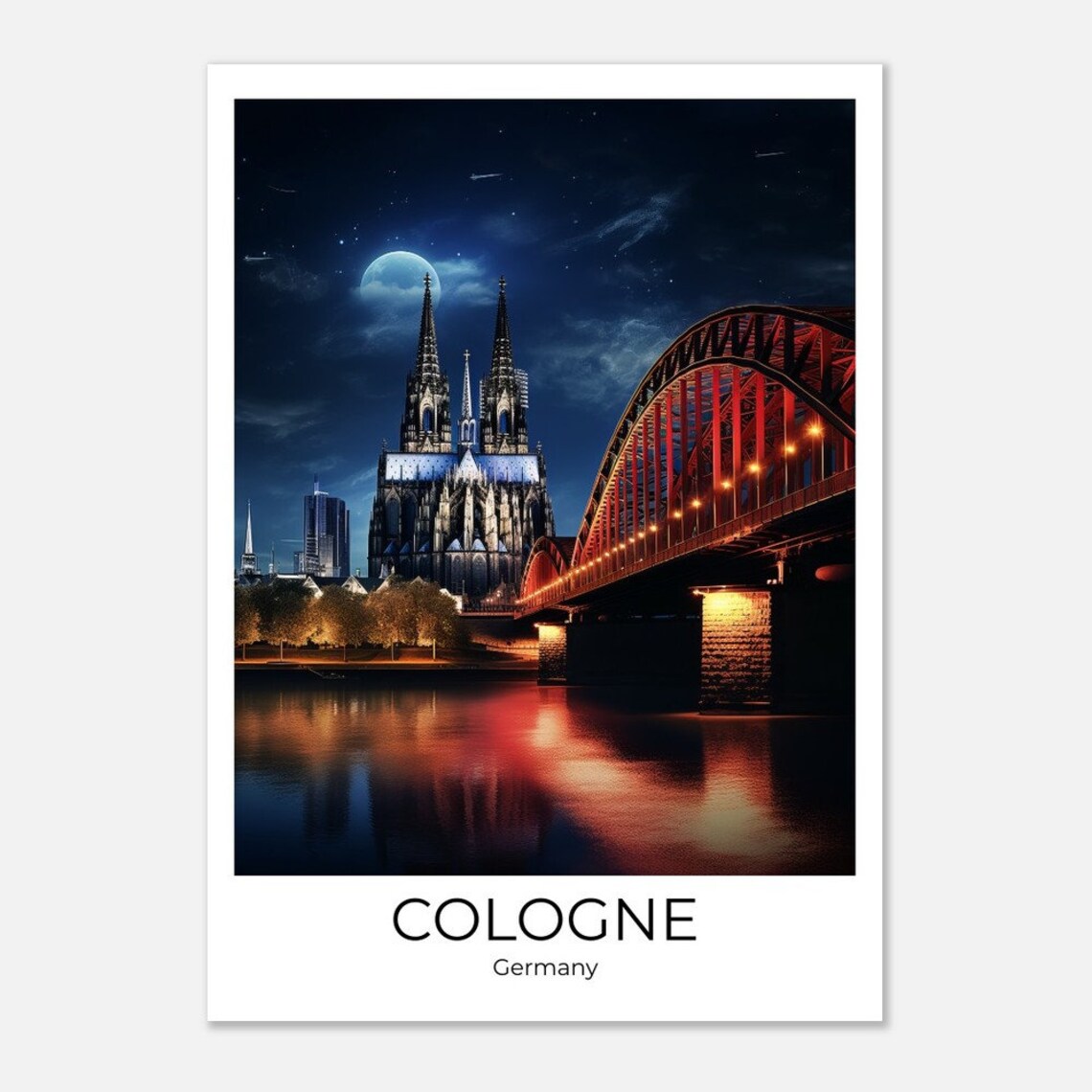 Cologne Cathedral Night Rhine Bridge Moon Germany Travel Poster - Image 2