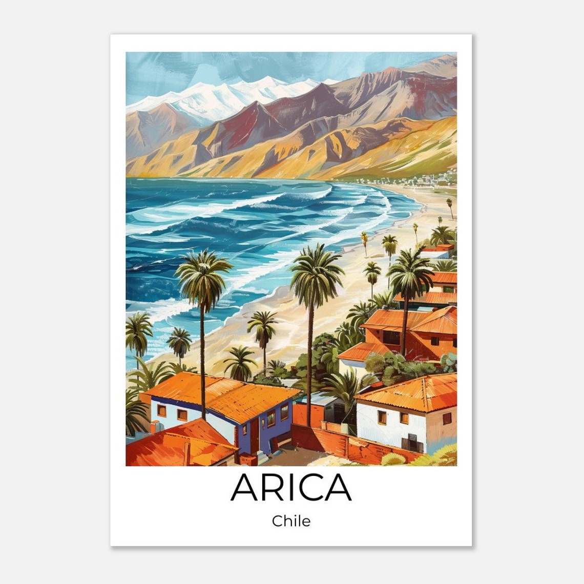 Arica Chile Palm Beach Terracotta Roofs Mountain Coast Travel Poster - Image 2