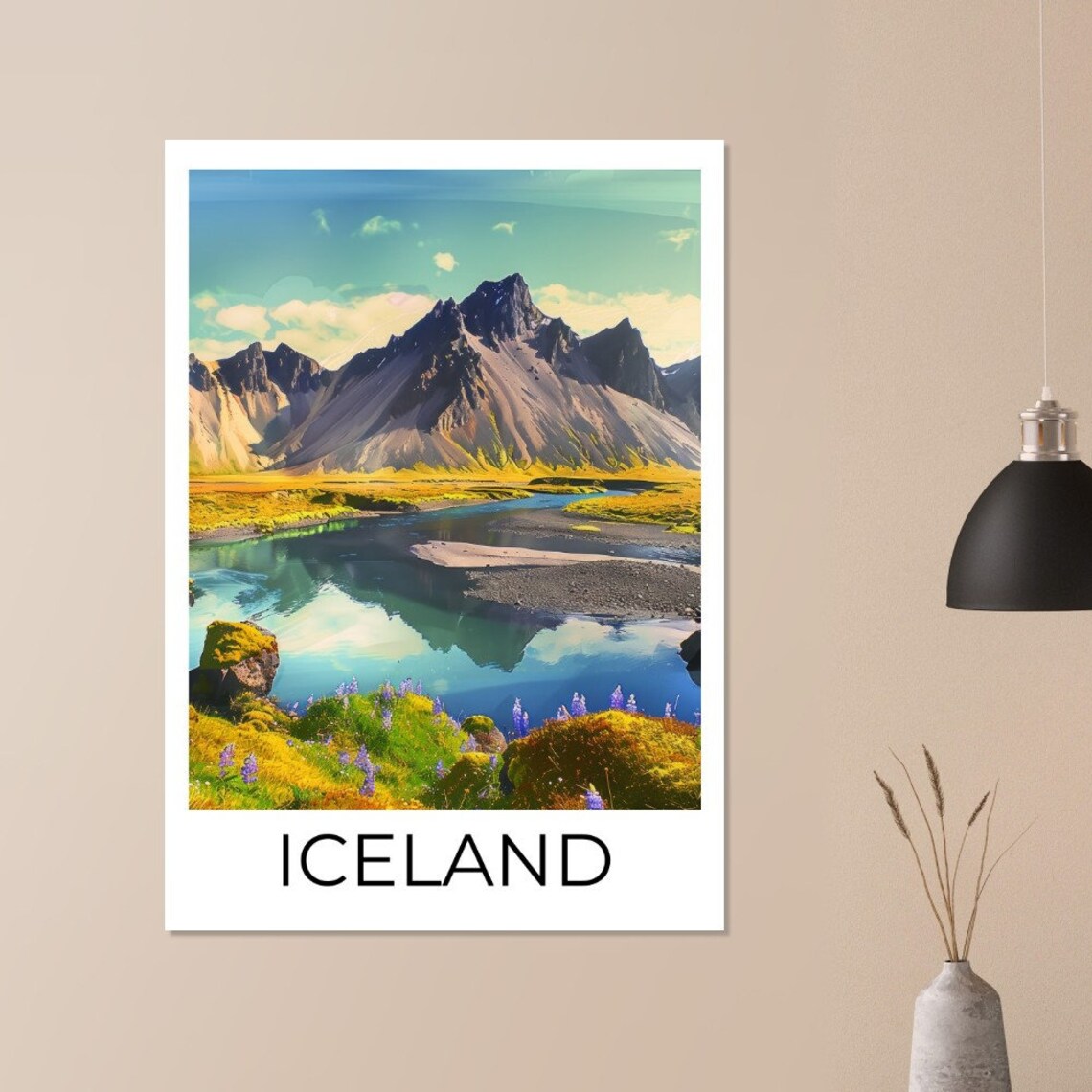 Iceland Summer Rugged Mountain Mirror Lake Wildflower Travel Poster - Image 3