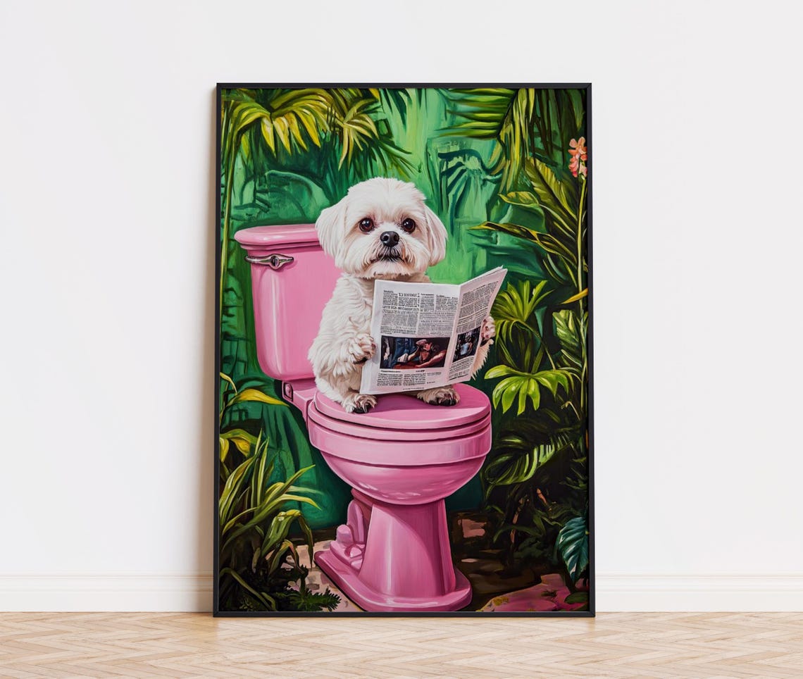 Maltese Dog Reading Newspaper on Pink Toilet Funny Bathroom Poster