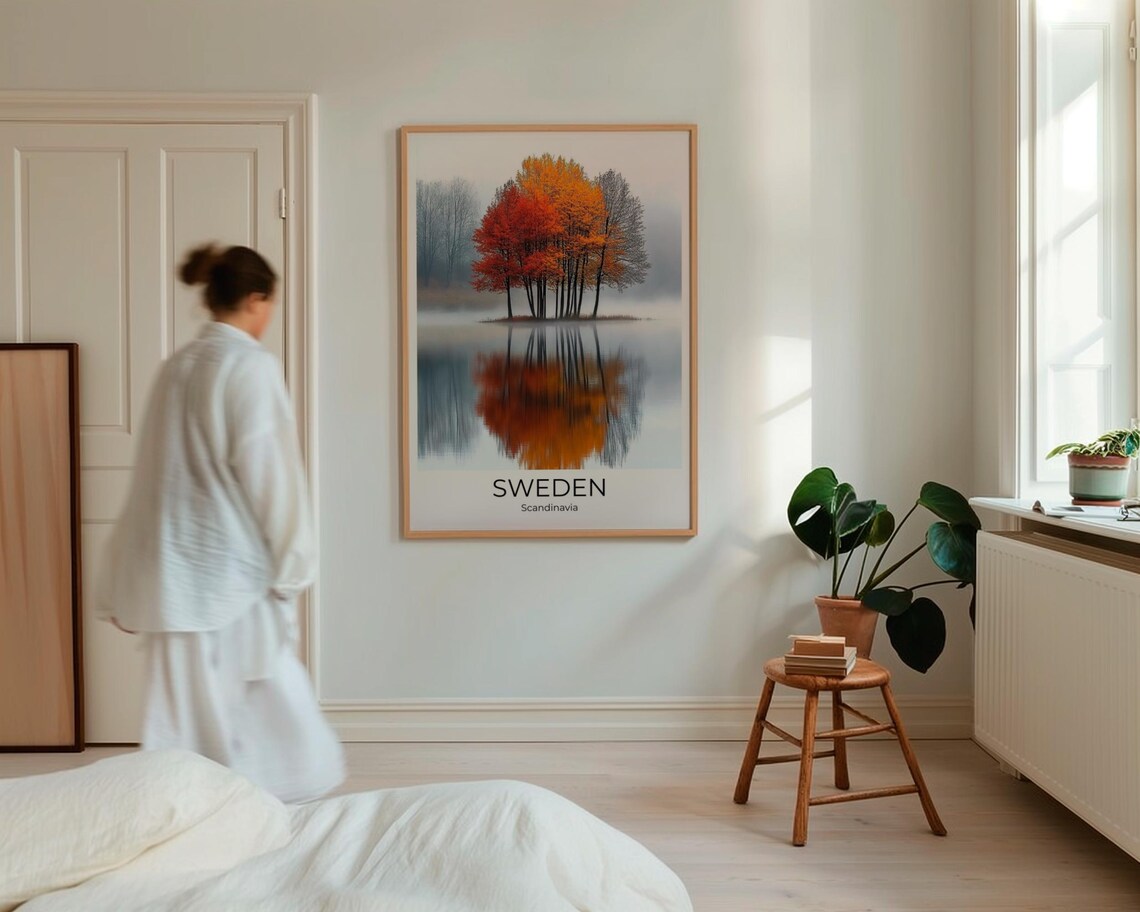 Sweden Autumn Trees Travel Poster Scandinavia Fall Foliage Lake Art - Image 4