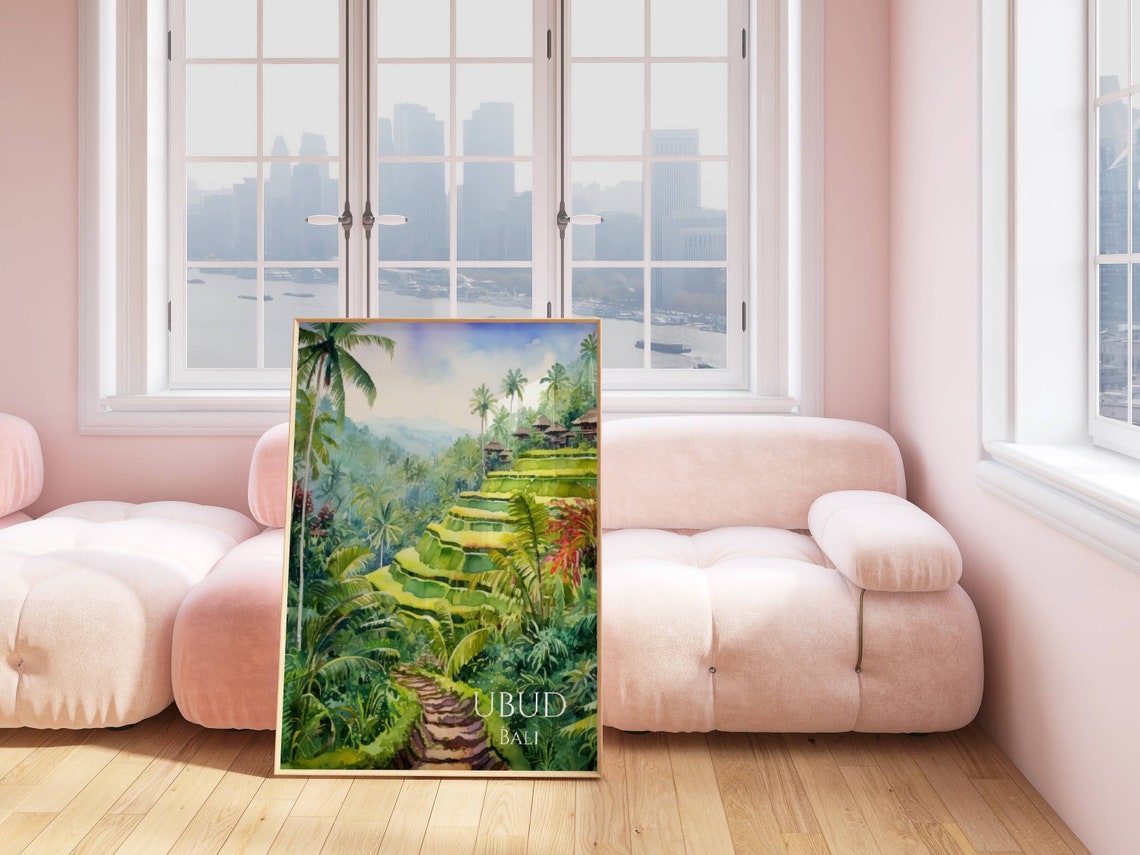 Ubud Bali Watercolor Rice Terraces Jungle Palms Tropical Oasis Poster - Image 4