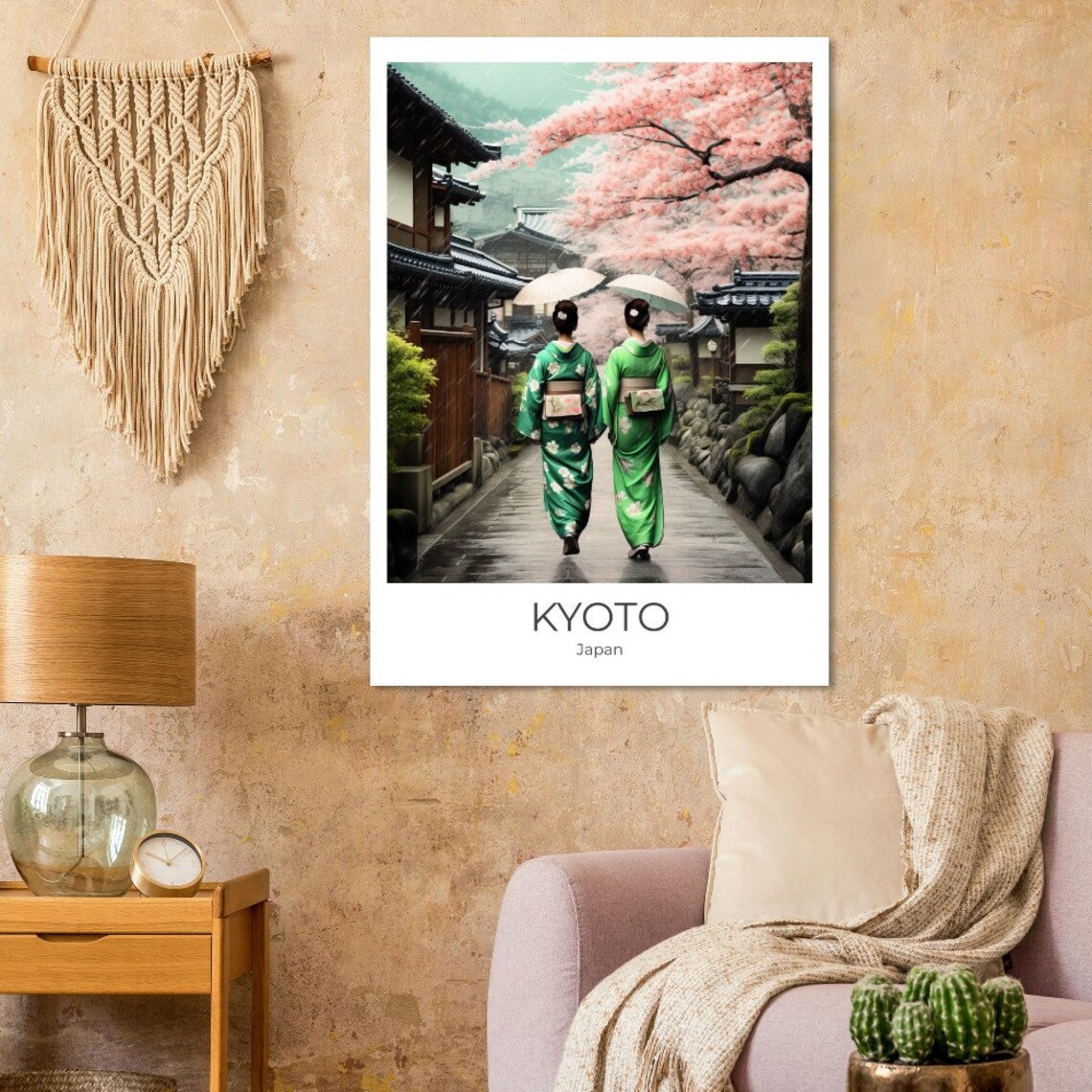 Kyoto Japan Green Kimono Umbrellas Cherry Blossom Street Poster - Image 3
