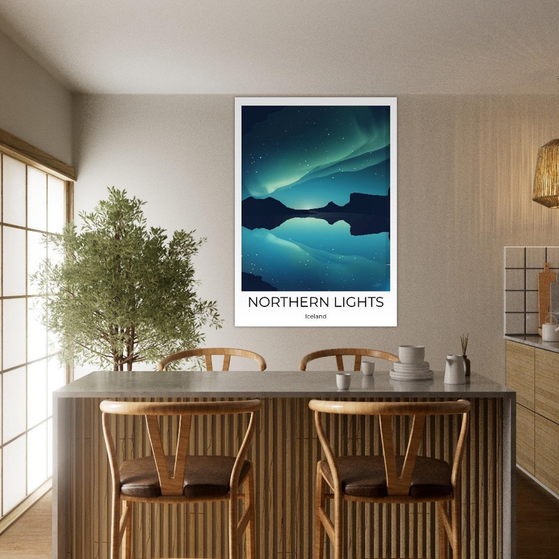Northern Lights Iceland Green Aurora Fjord Reflection Night Poster - Image 4