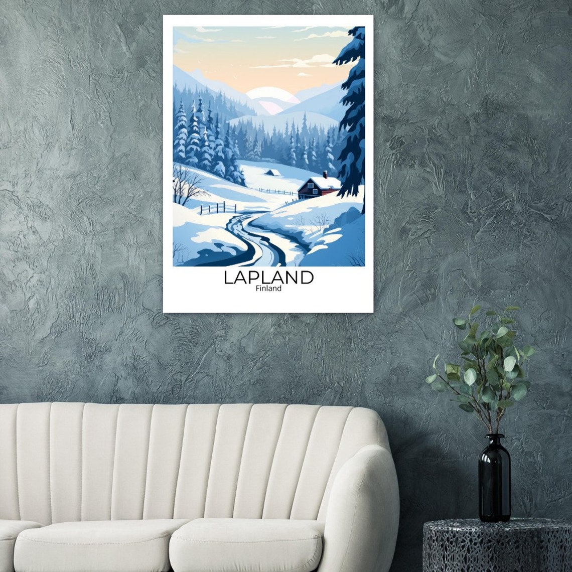 Lapland Finland Winter Snowy Cabin Valley Illustrated Poster - Image 4