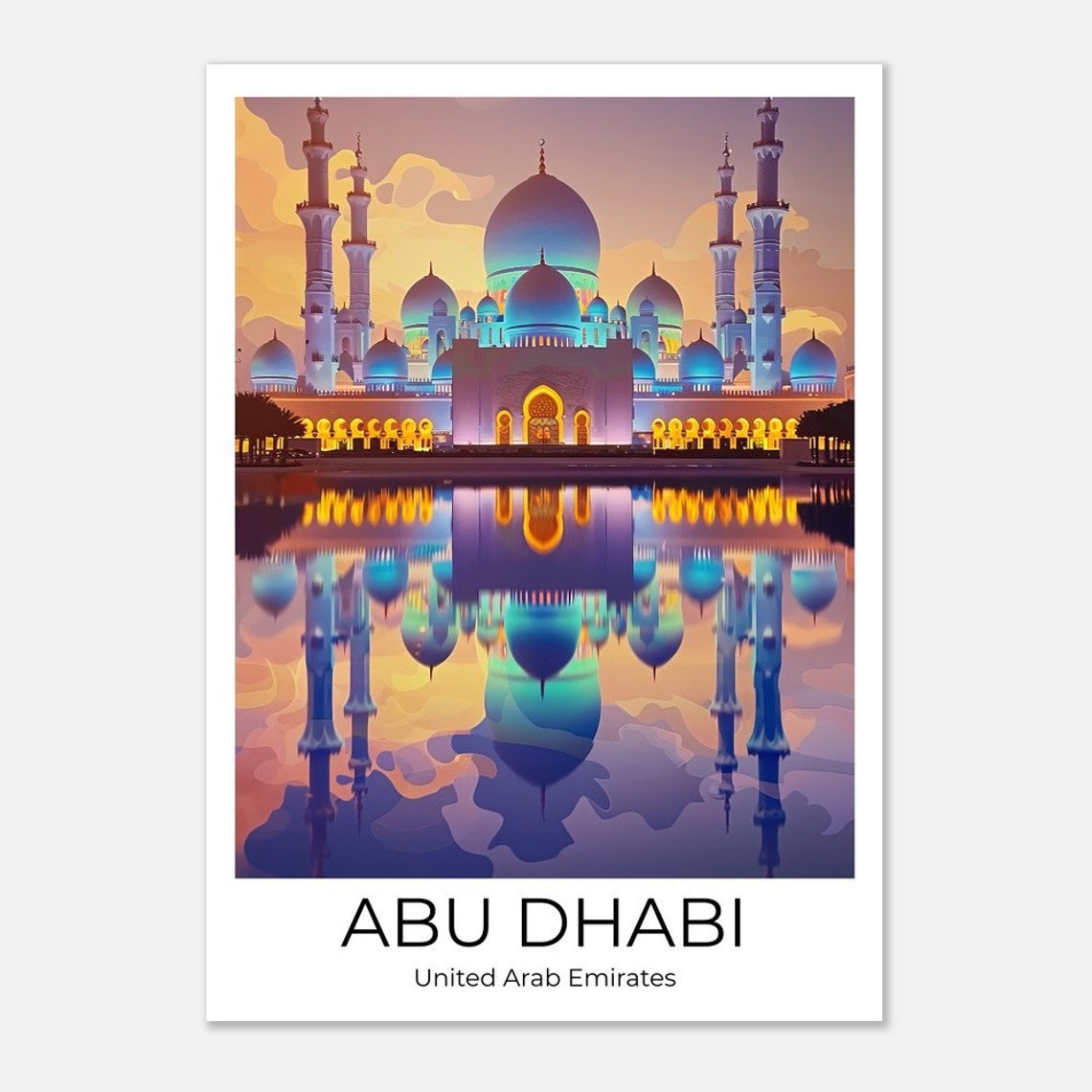 Abu Dhabi Grand Mosque Glowing Evening Colorful Domes Poster
