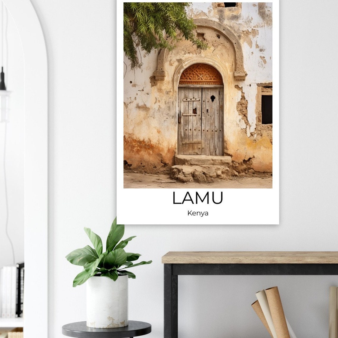 Lamu Kenya Travel Poster Weathered Wooden Door Swahili Coast Scene - Image 2