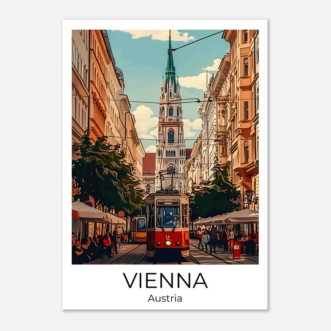Vienna Austria Vintage Red Tram Historic Street Scene Poster
