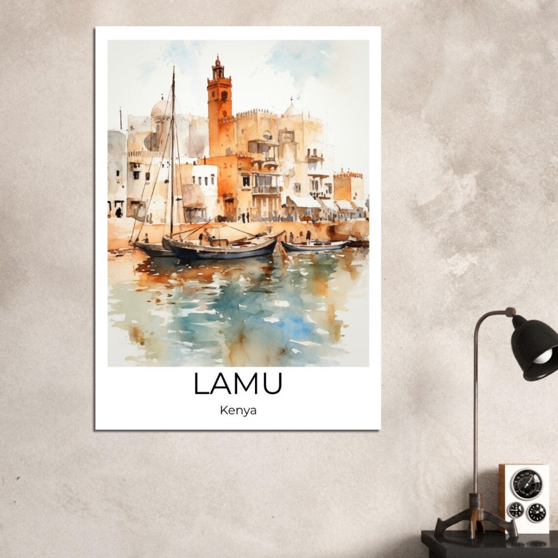 Lamu Kenya Old Town Dhow Boats Harbor Watercolor Africa Travel Poster - Image 4