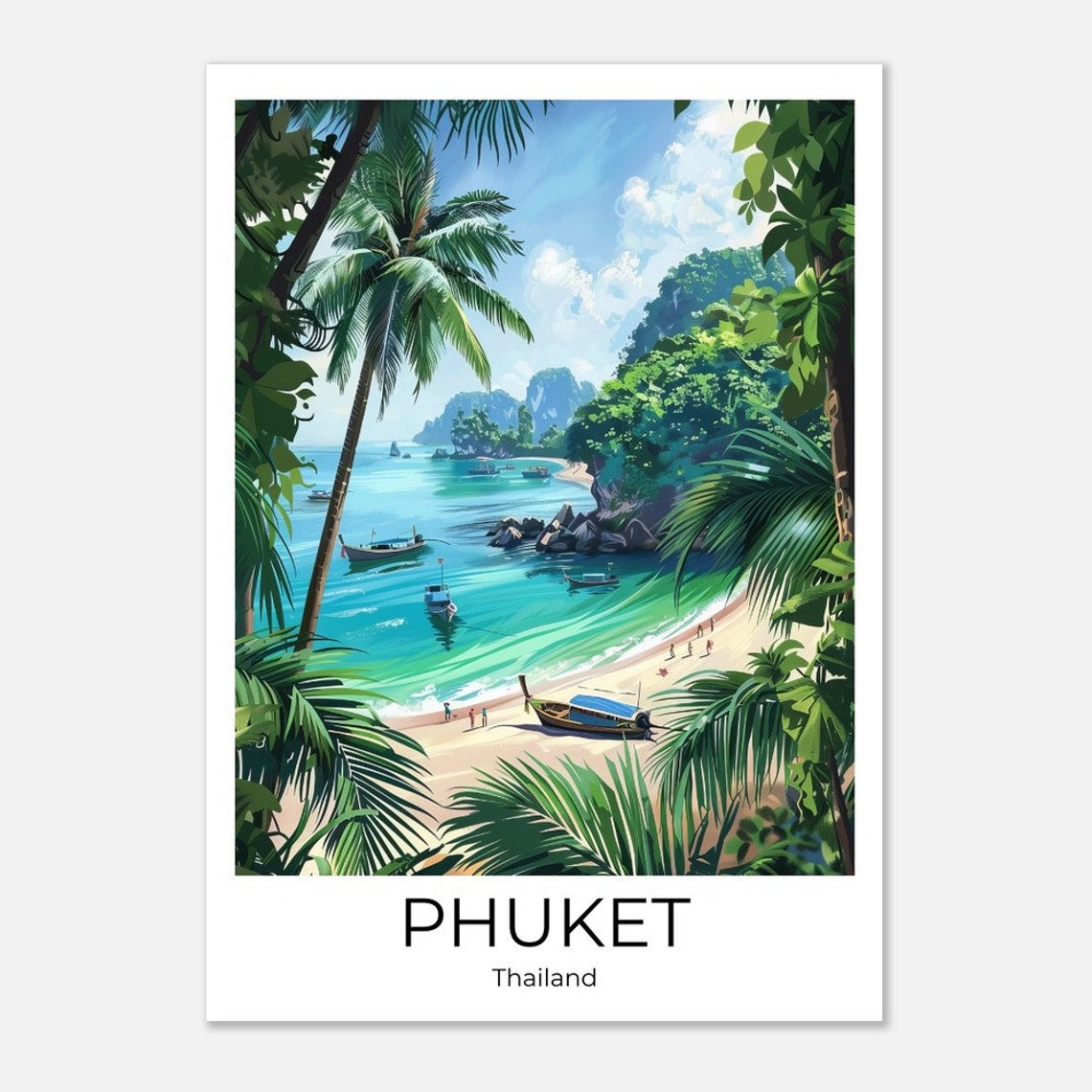Phuket Thailand Tropical Bay Longtail Boats Palm Trees Poster