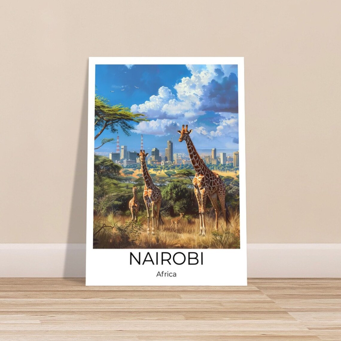 Nairobi Africa Giraffes City Skyline Savanna Wildlife Travel Poster