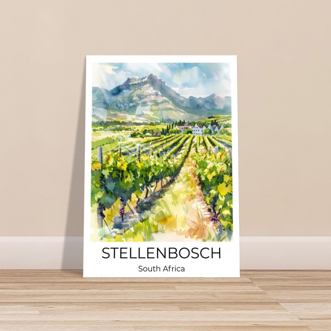 Stellenbosch South Africa Vineyard Mountain Watercolor Travel Poster