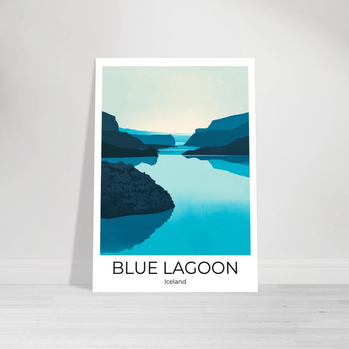 Blue Lagoon Iceland Minimalist Blue Fjord Landscape Travel Poster