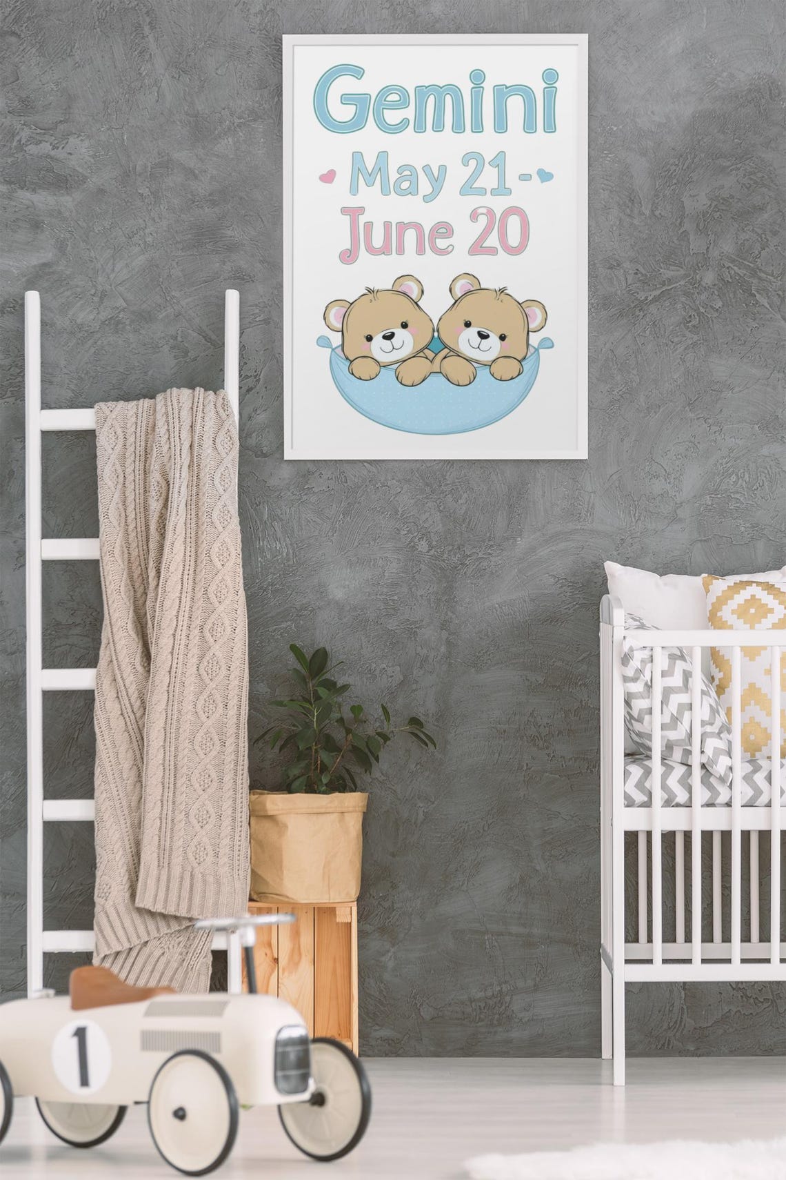 Gemini Zodiac Nursery Print Twin Teddy Bears Baby Room Star Sign - Image 2