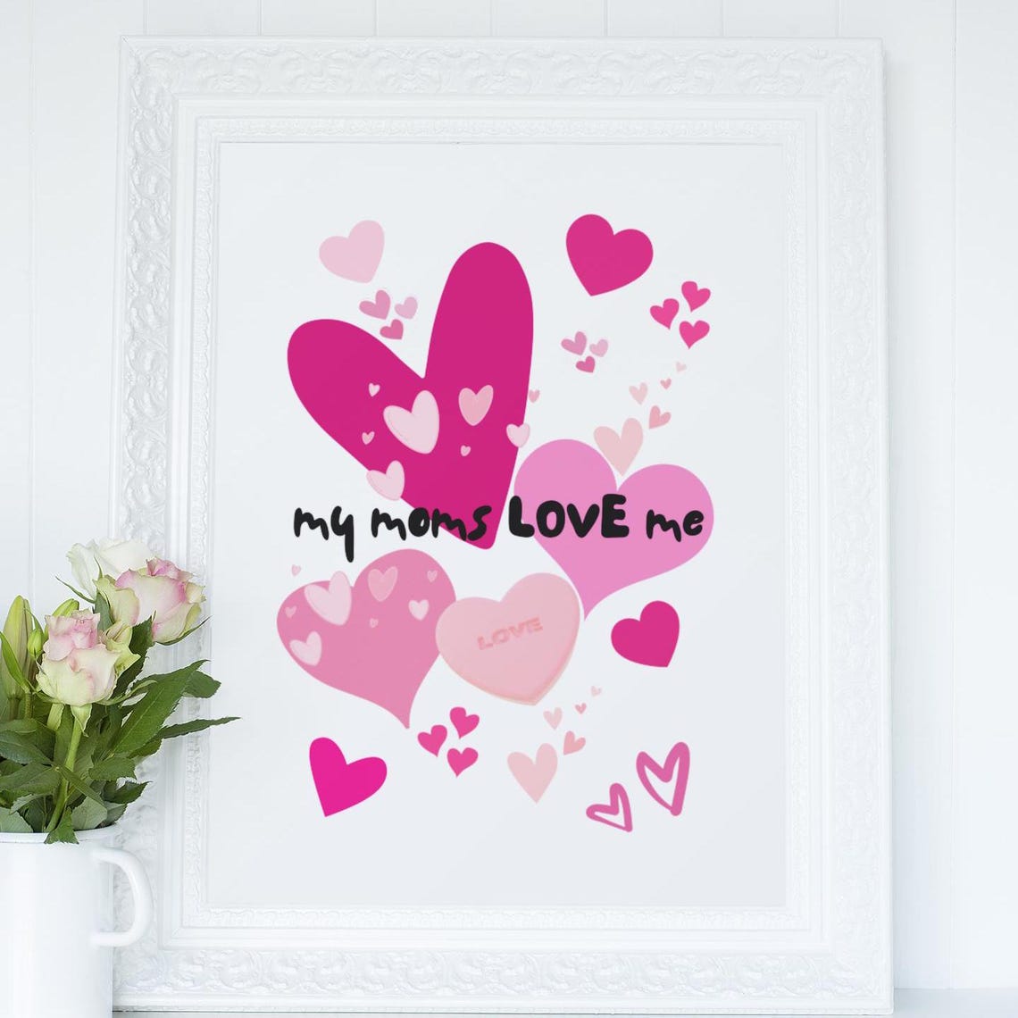 My Moms Love Me Pink Hearts Nursery Kids Room Decor Wall Art
