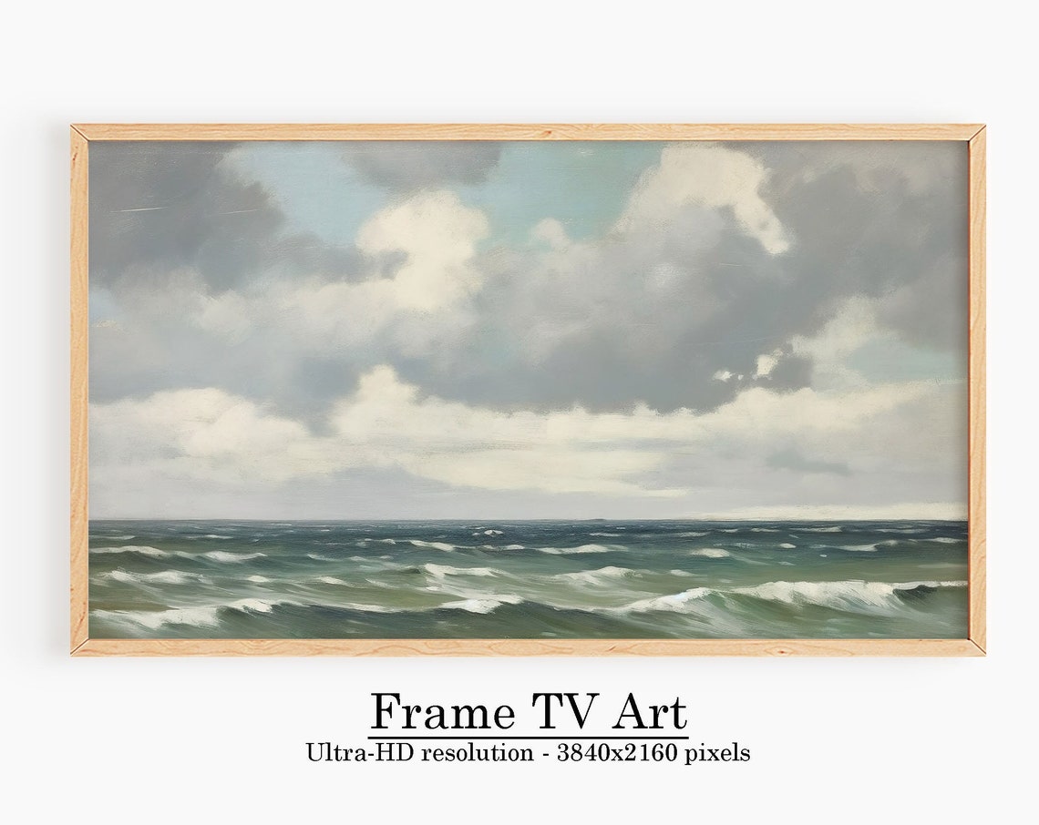 Vintage Ocean Waves Cloudy Seascape Painting Frame TV Art Print