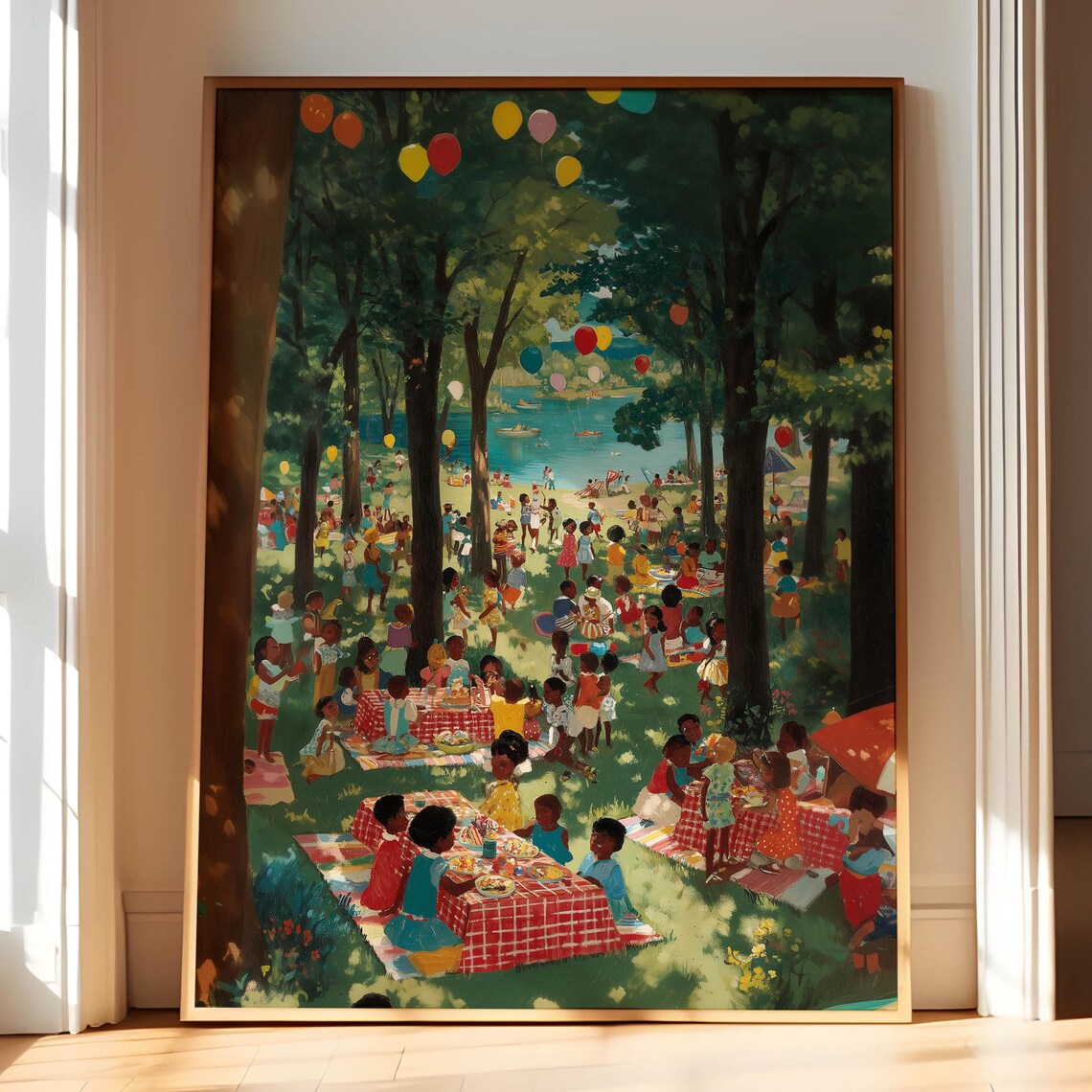 Black Family Lakeside Picnic Celebration Vintage Painting Poster