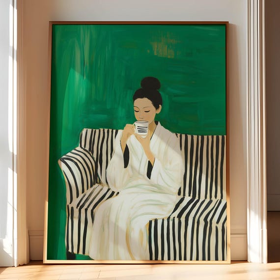 Emerald Green Woman Drinking Coffee Art Print Still Life Asian Wall Living Room Kitchen