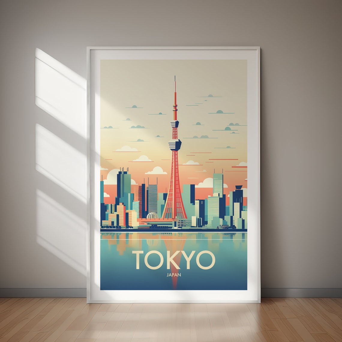 Tokyo Japan Skyline Red Tower Harbor Reflection Travel Poster
