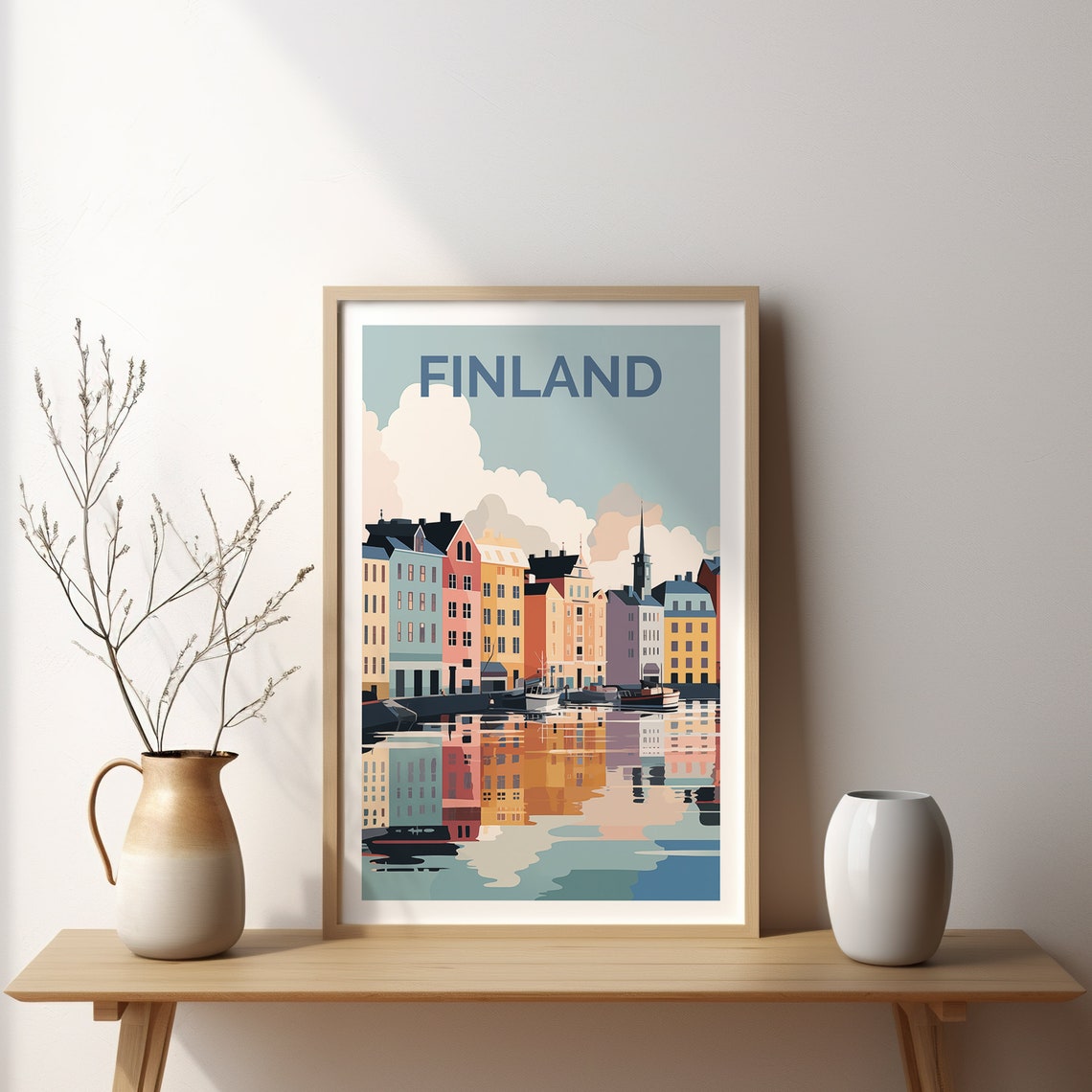 Finland Colorful Harbor Waterfront Retro Style Travel Poster