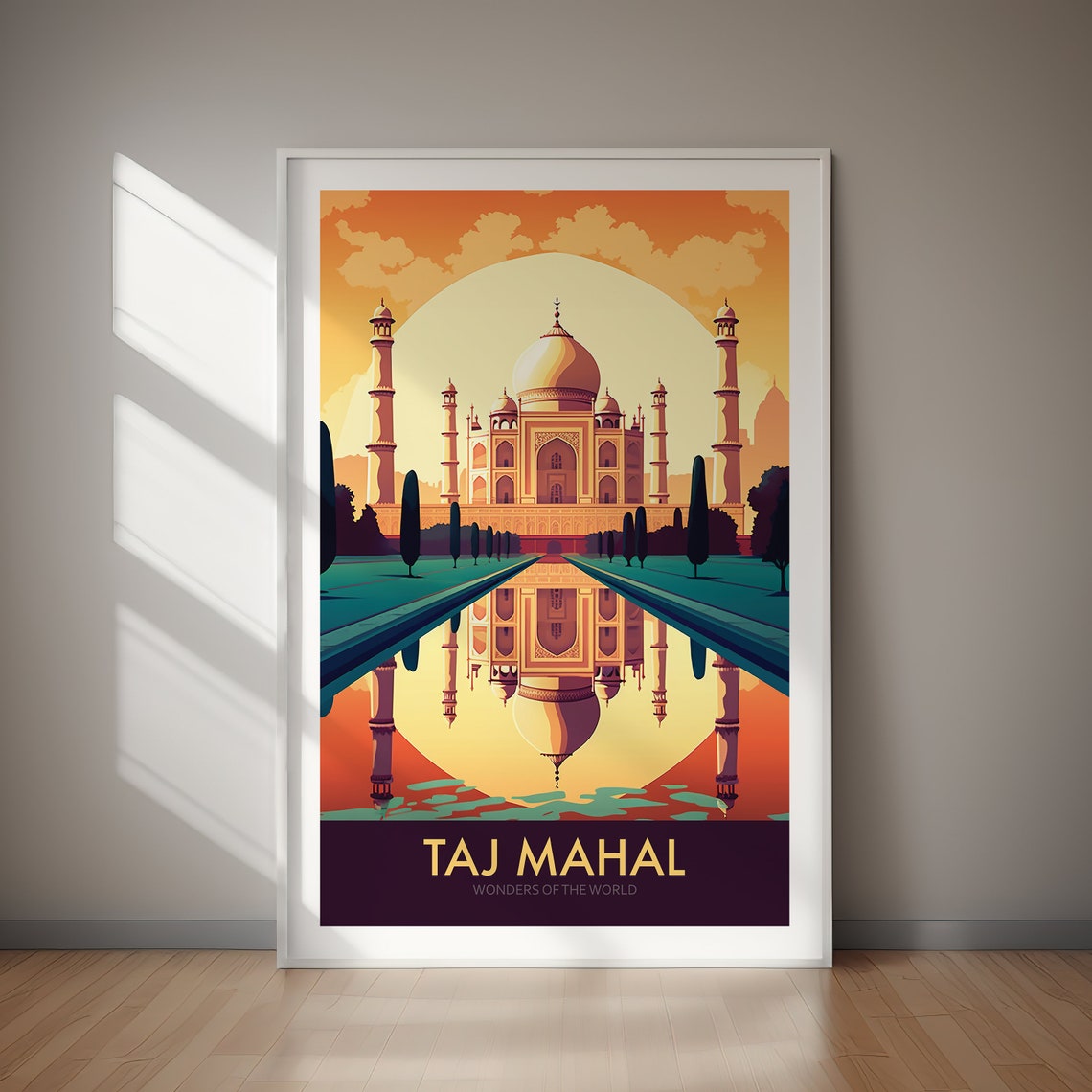Taj Mahal India Golden Sunset Reflection Pool Travel Art Poster