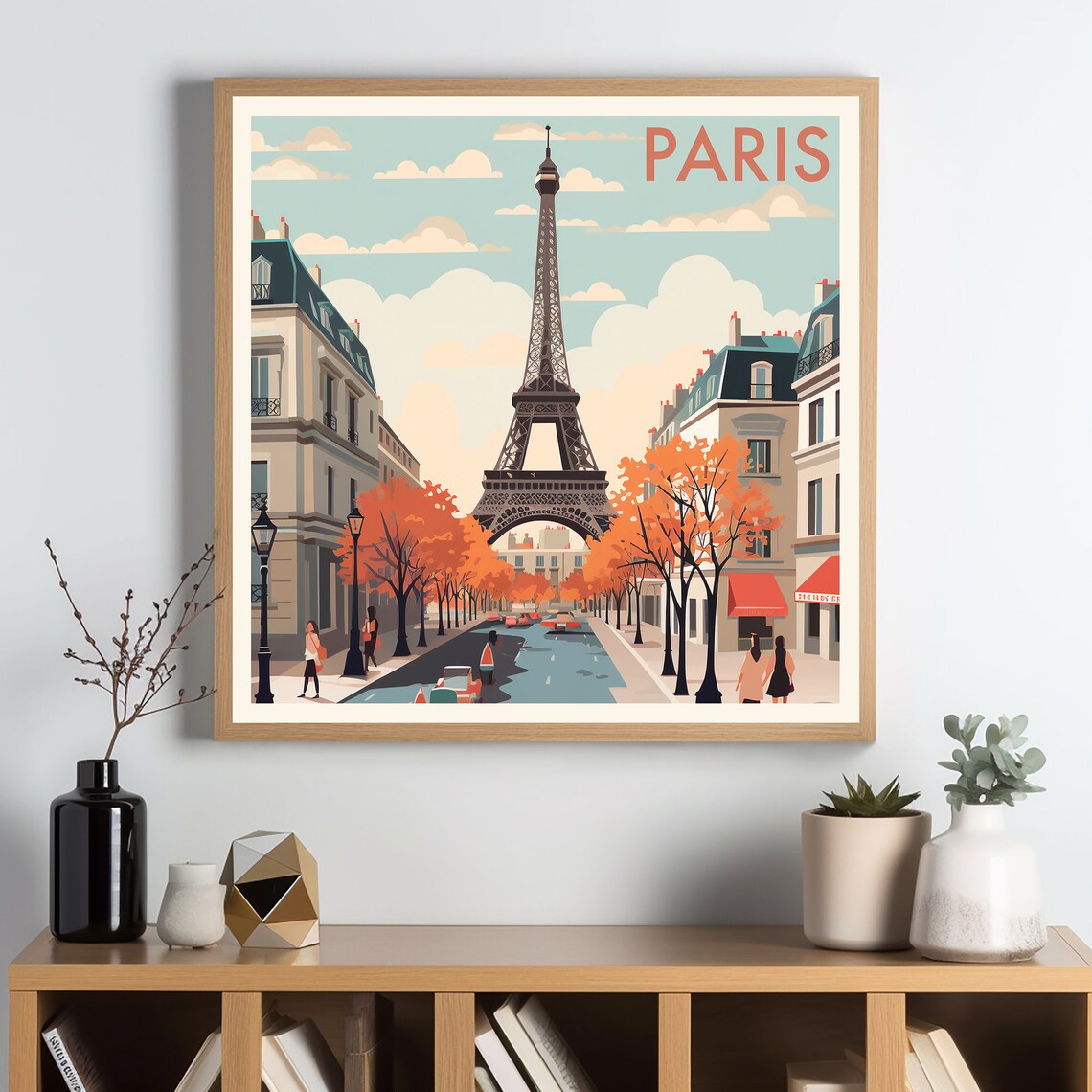 Paris France Eiffel Tower Autumn Street Fall Leaves Travel Poster