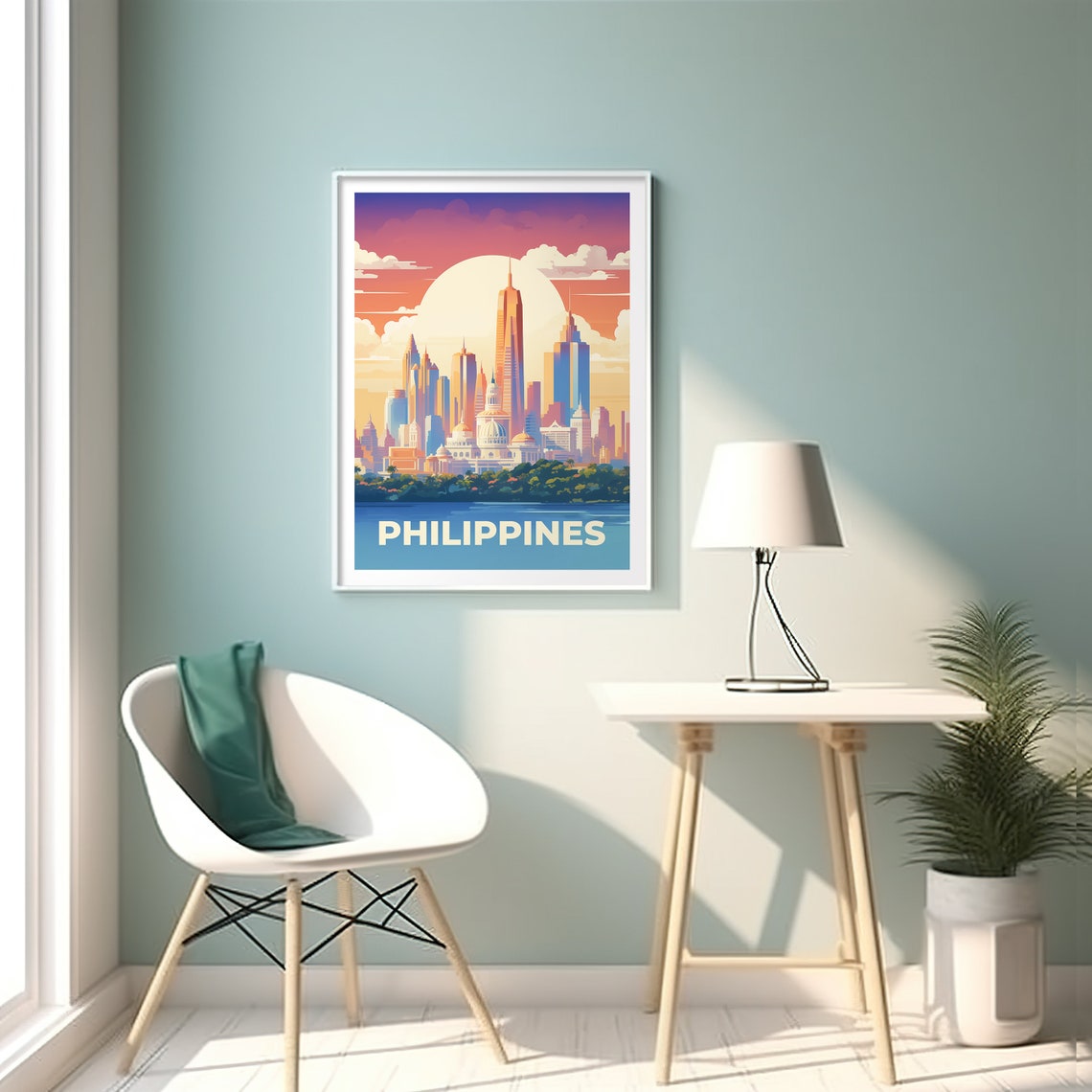 Philippines Glowing Sunset Skyline Waterfront Vintage Travel Poster