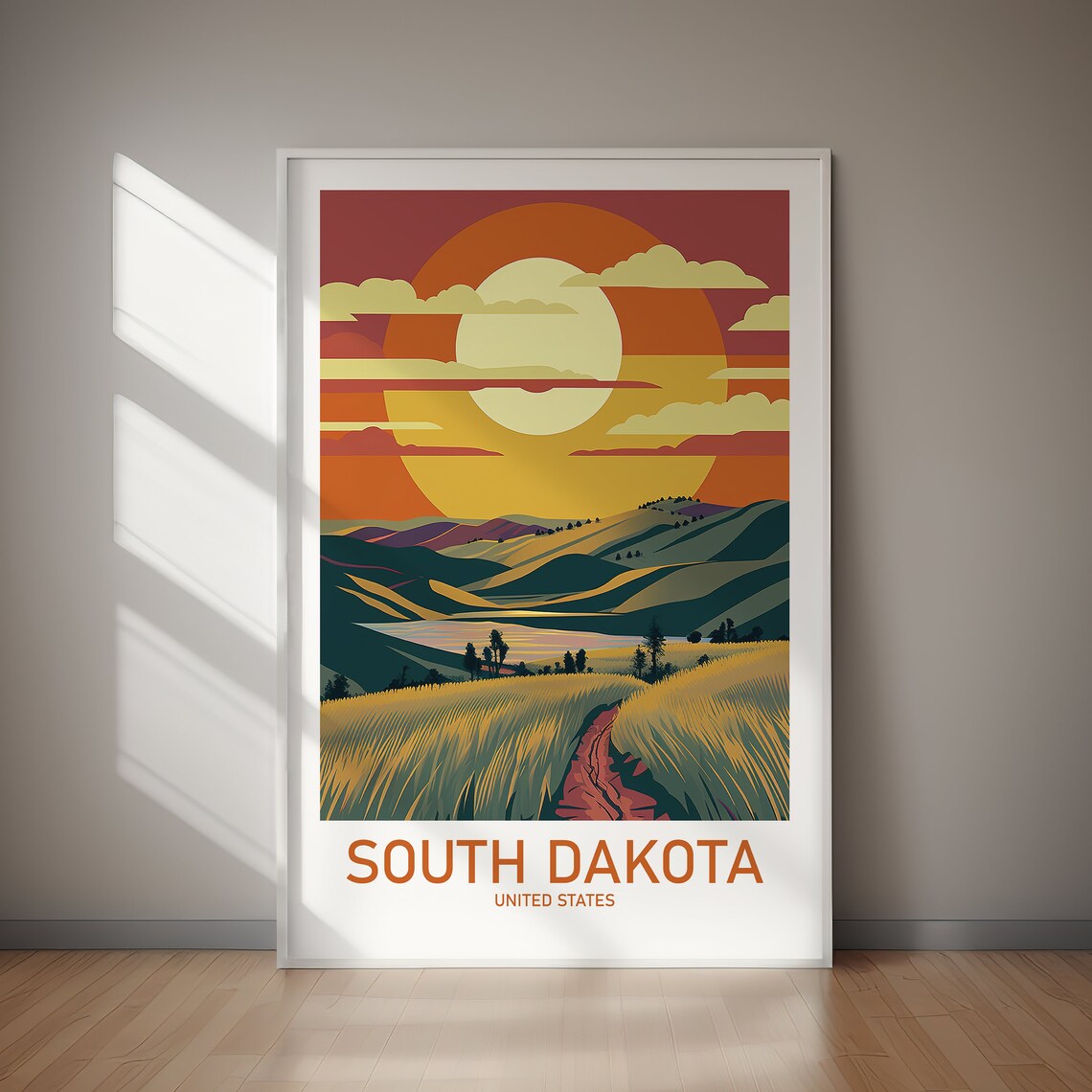South Dakota Golden Prairie Sunset Lake Retro Vintage Travel Poster