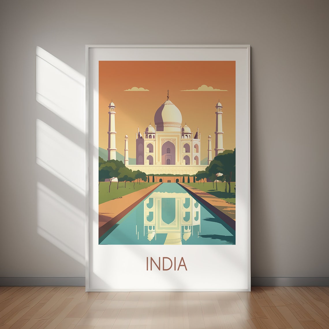 India Taj Mahal Reflection Sunset Iconic Landmark Travel Poster