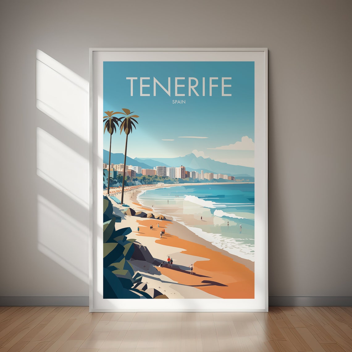 Tenerife Spain Golden Beach Palm Tree Coastal Scenic Art Poster