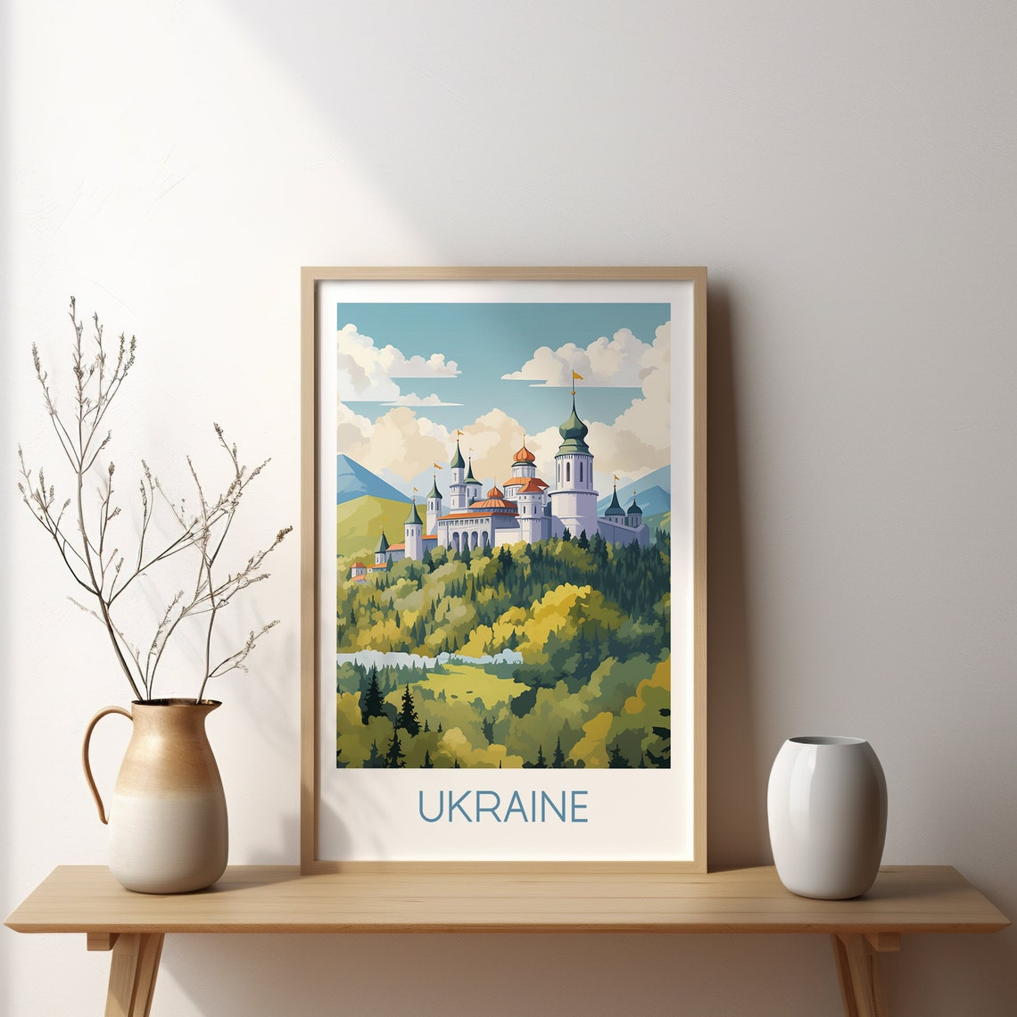 Ukraine Hilltop Fortress Domes Forest Scenic Vintage Travel Poster