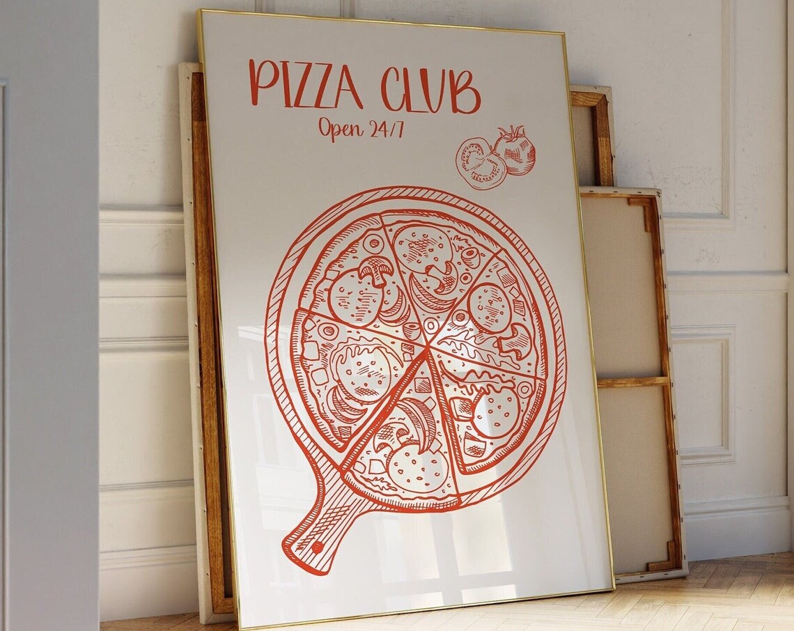 Pizza Club Open 24/7 Red Sketch Kitchen Foodie Diner Art Poster - Image 3