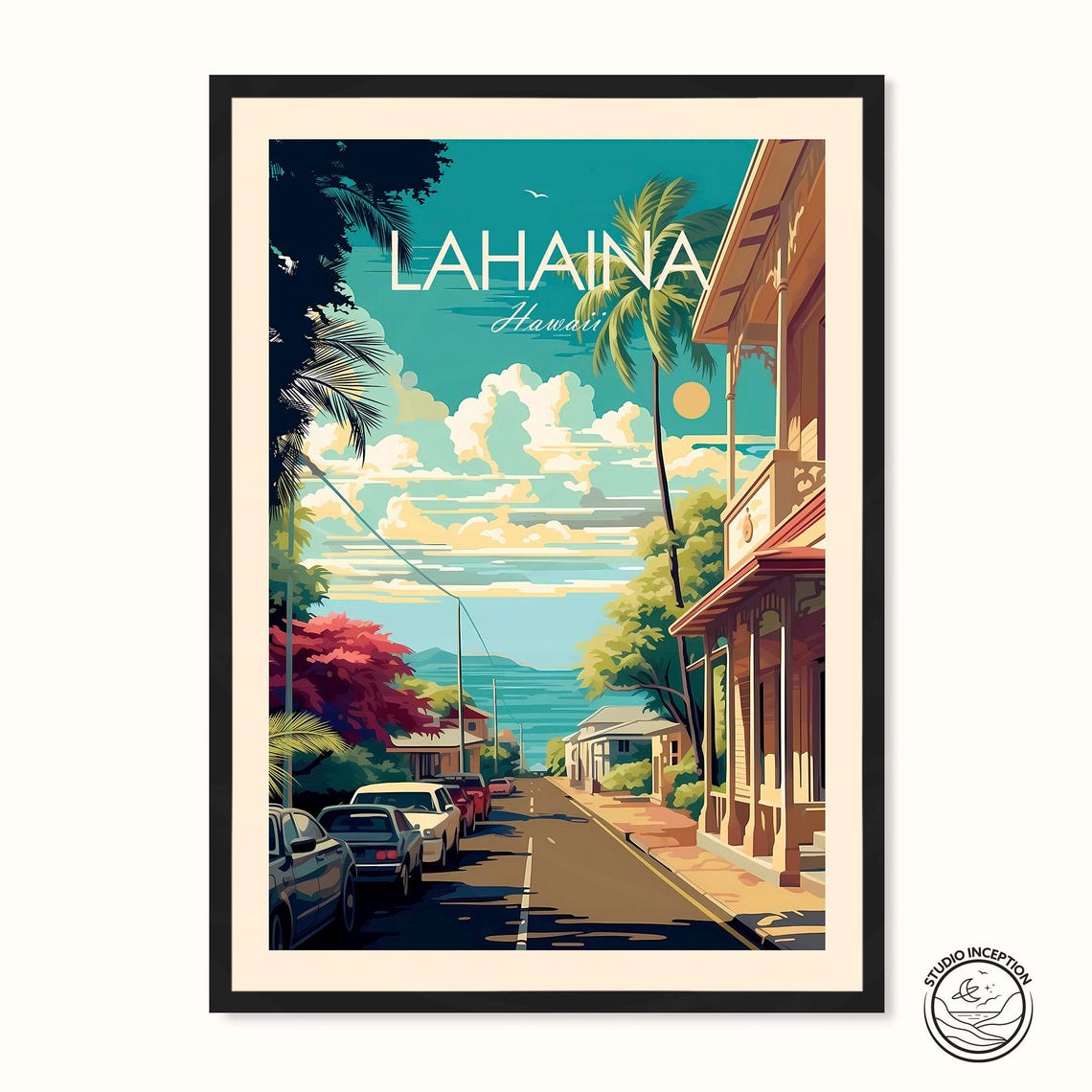 Lahaina Hawaii Historic Main Street Palm Town Maui Travel Poster