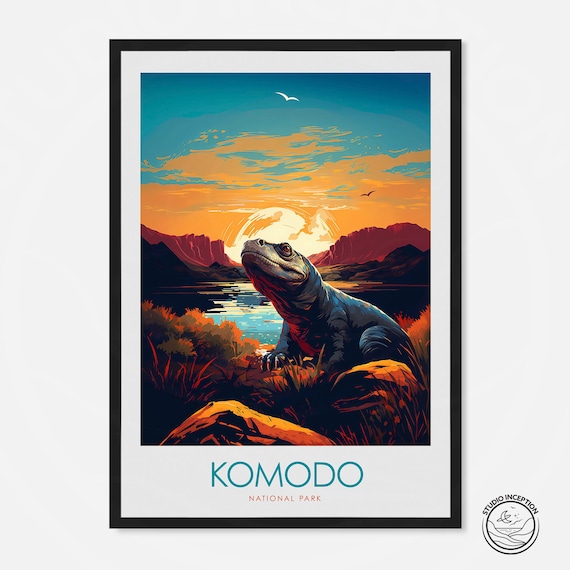 Komodo National Park Indonesia Dragon Sunset Island Travel Poster