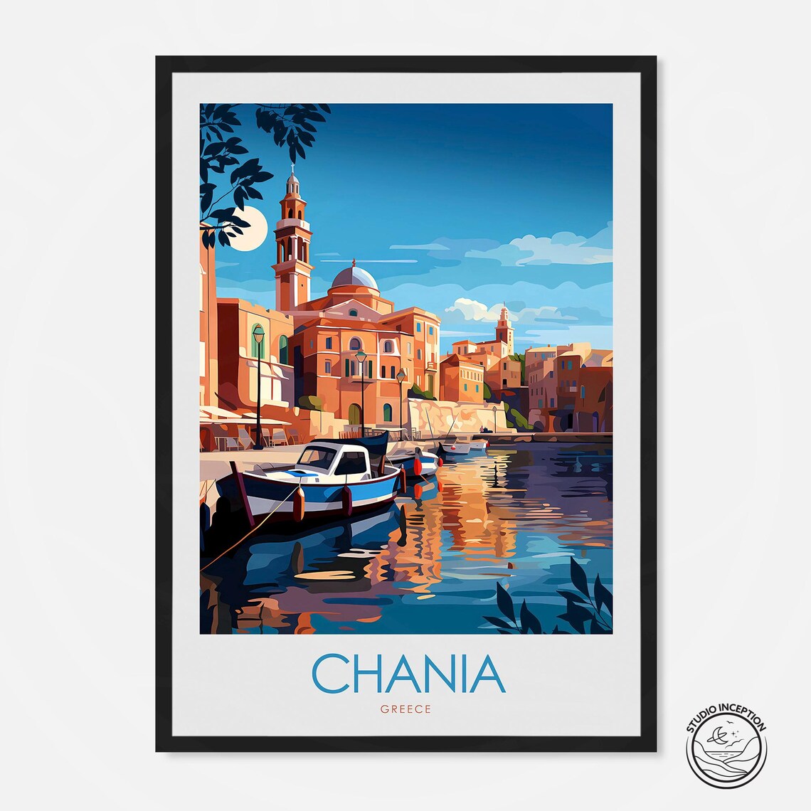Chania Crete Greece Old Harbor Fishing Boat Night Travel Poster