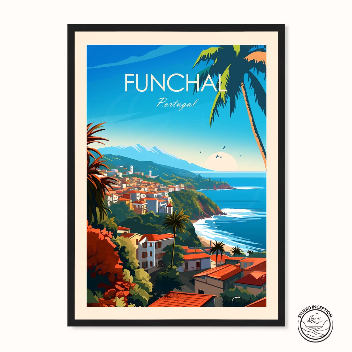 Funchal Portugal Hillside City Ocean Sunset View Travel Poster