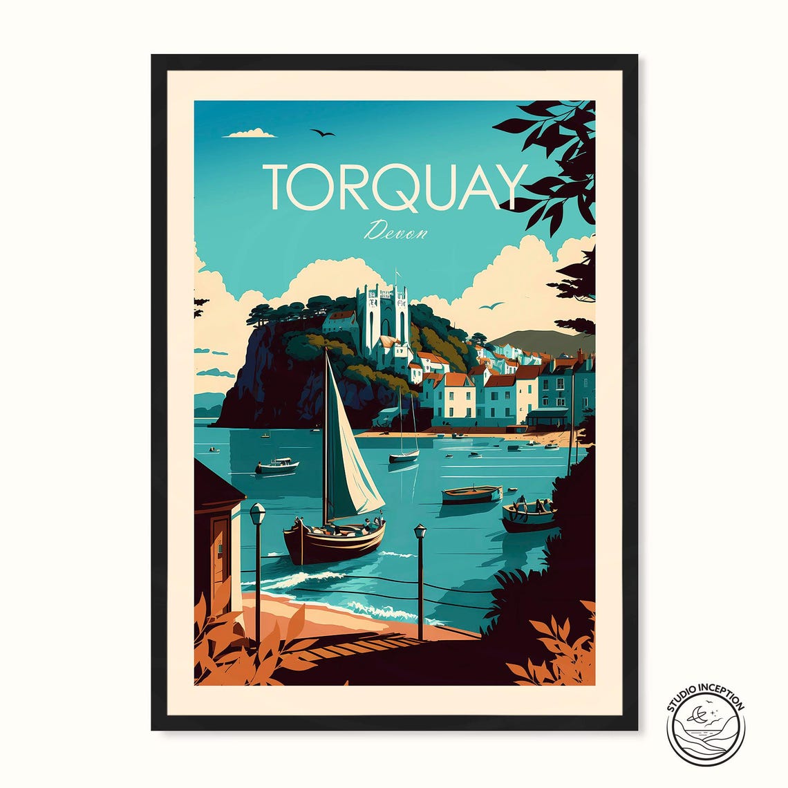 Torquay Devon Harbor Sailboats Cliffside Town Coastal Scene Poster