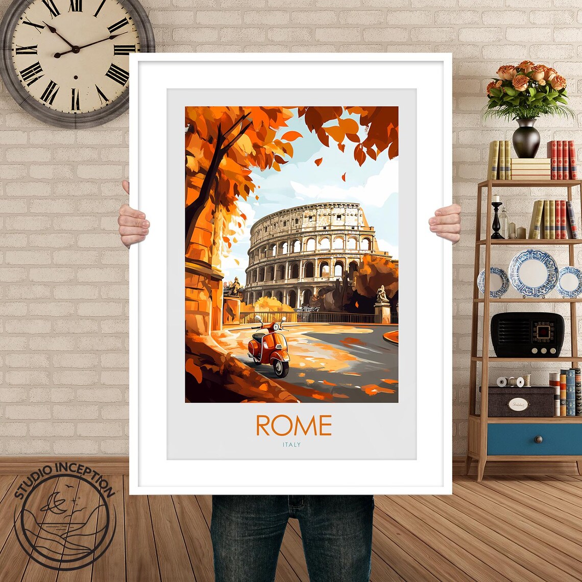 Rome Italy Colosseum Autumn Red Vespa Street Vintage Travel Poster - Image 2