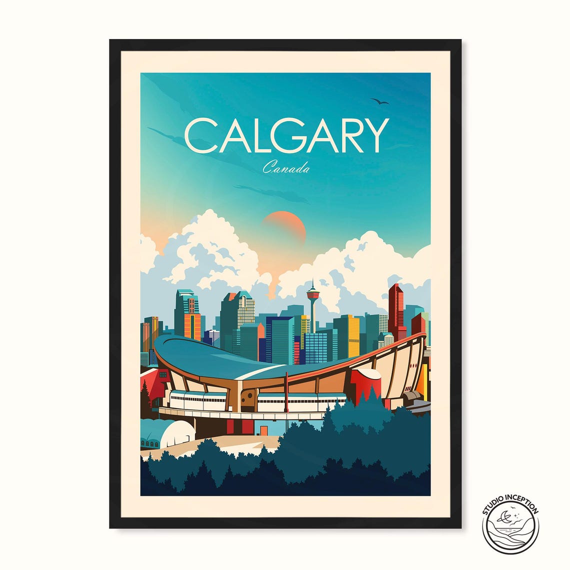 Calgary Canada Skyline Saddledome Tower Sunset Cityscape Travel Poster
