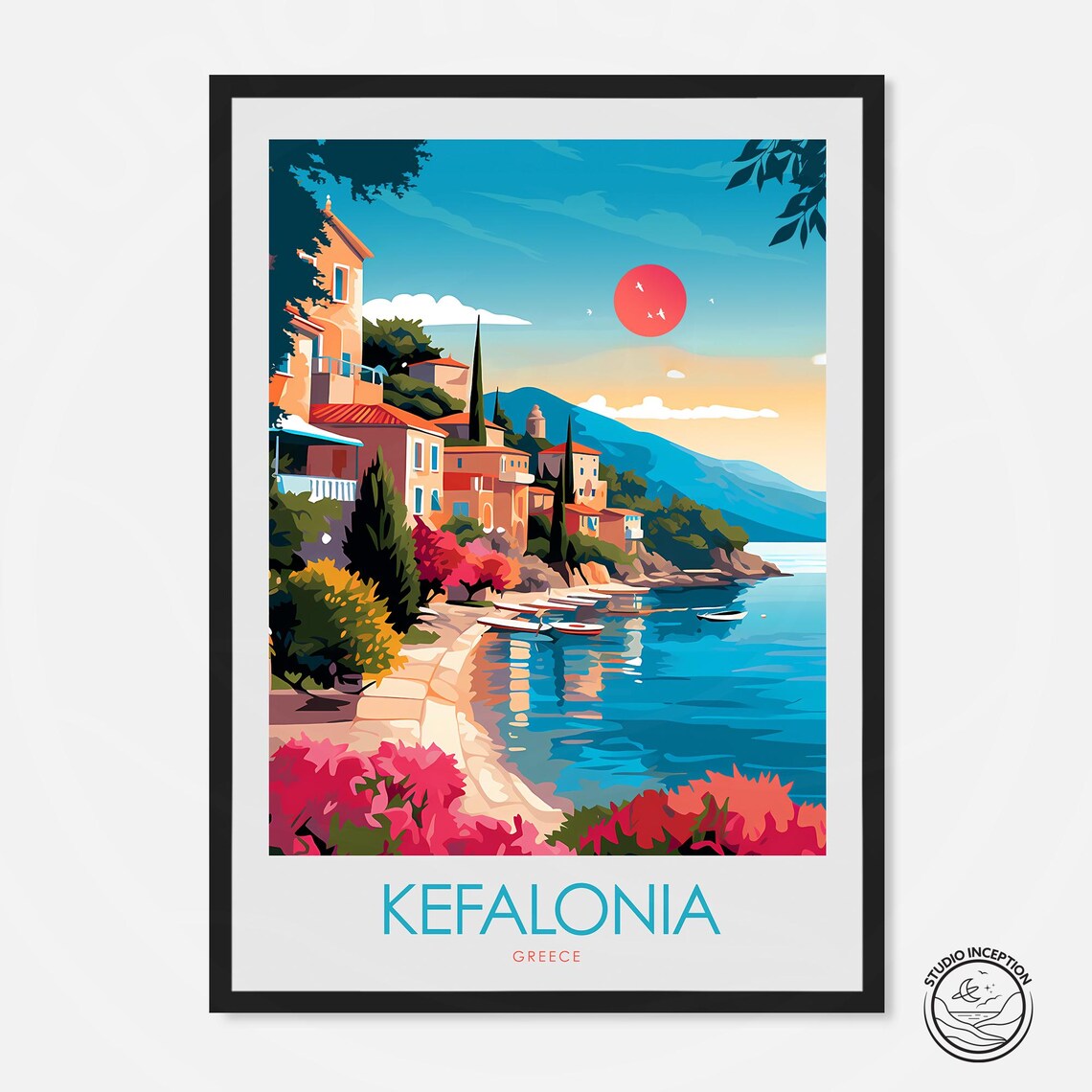 Kefalonia Greece Coastal Village Boats Flower Harbor Sunset Poster