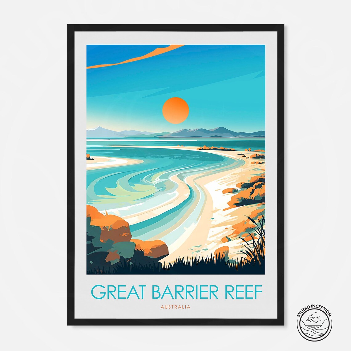 Great Barrier Reef Australia Beach Sunset Vintage Travel Poster
