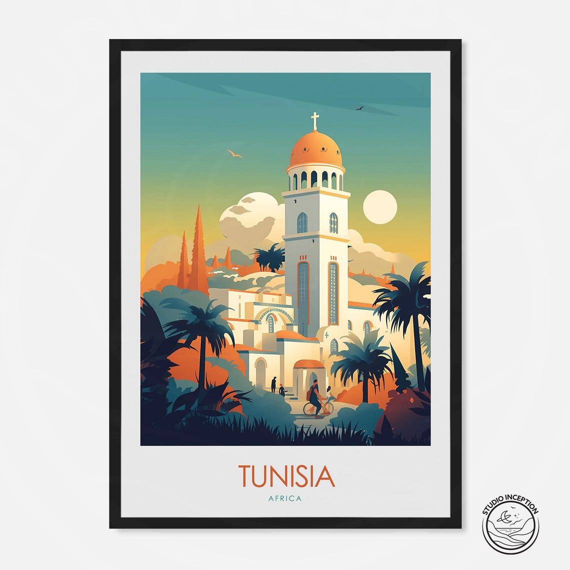 Tunisia Africa Cathedral Bell Tower Palms Vintage Travel Poster