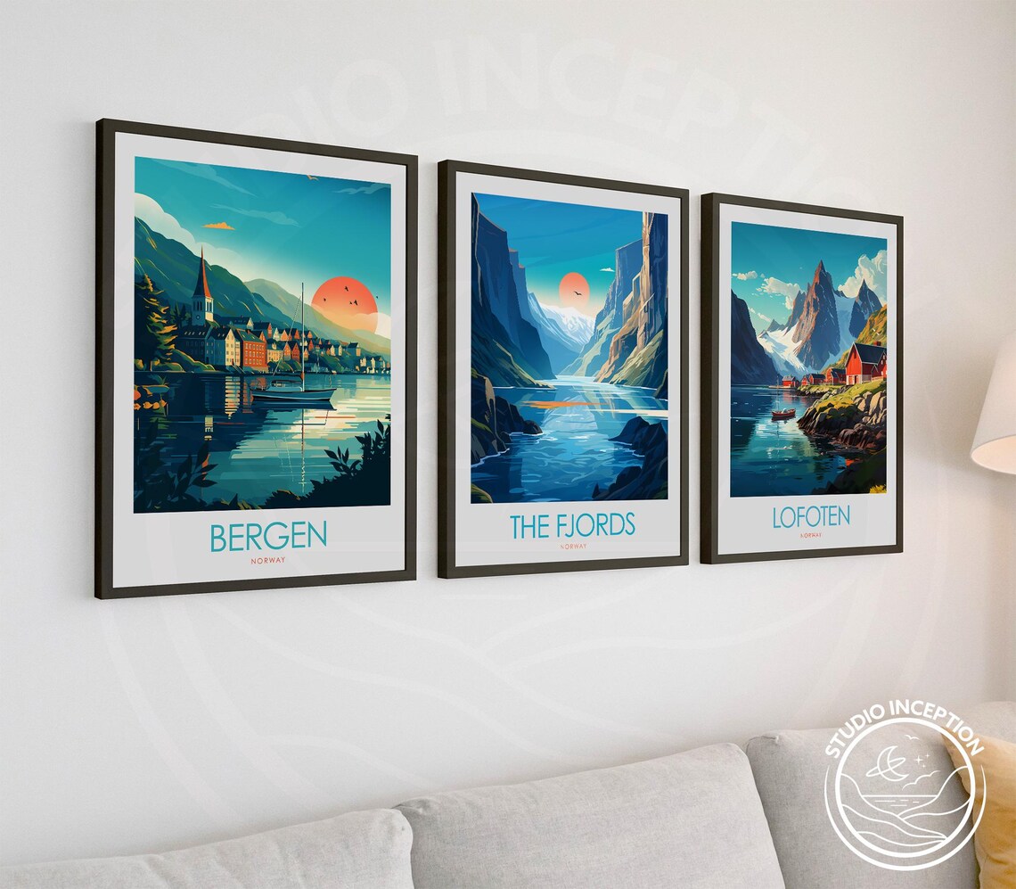 Bergen Norway Harbor Sunset Colorful Waterfront Houses Travel Poster - Image 3