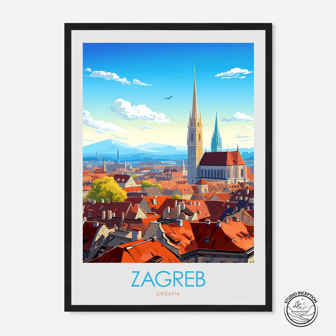 Zagreb Croatia Cathedral Spires Red Rooftops Minimal Travel Poster