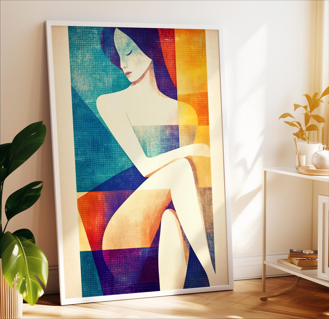 Seated Woman Portrait Vibrant Geometric Color Block Wall Art